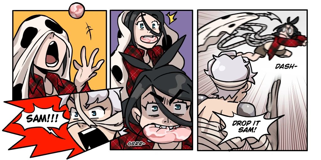 Action comic panels with characters yelling and dashing.