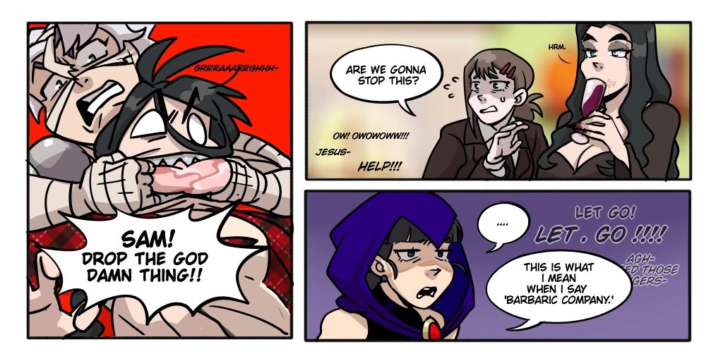 Characters struggle as one demands to drop a bloody object, chaos ensues.