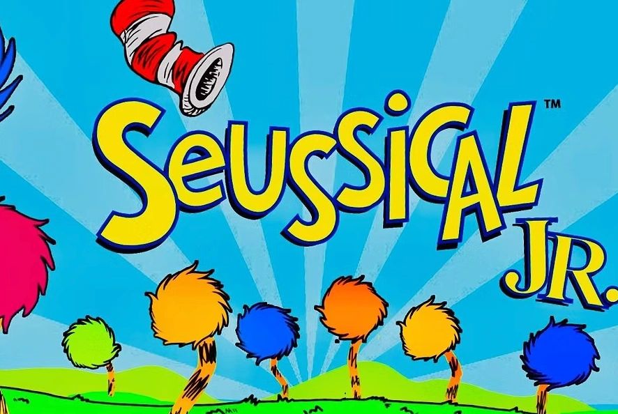 Colorful Seussical Jr. title with whimsical trees and blue sky.