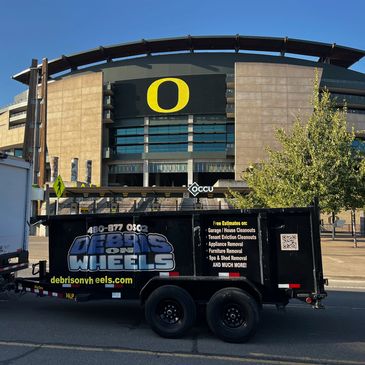 Dump trailer in front of the Oregon University football stadium