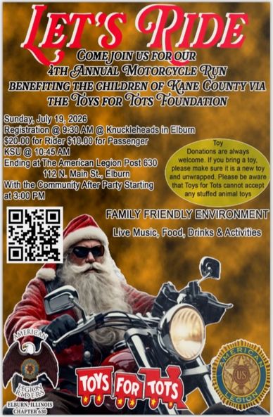 Flyer for the 4th Annual Toys for Tots Motorcycle Run on July 20, 2025.