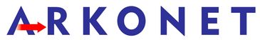 Logo with blue letters spelling ARKONET and a red arrow through the A.