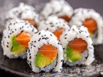 Sushi rolls with salmon and avocado.
