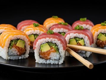 Colorful sushi rolls on a black plate with chopsticks.
