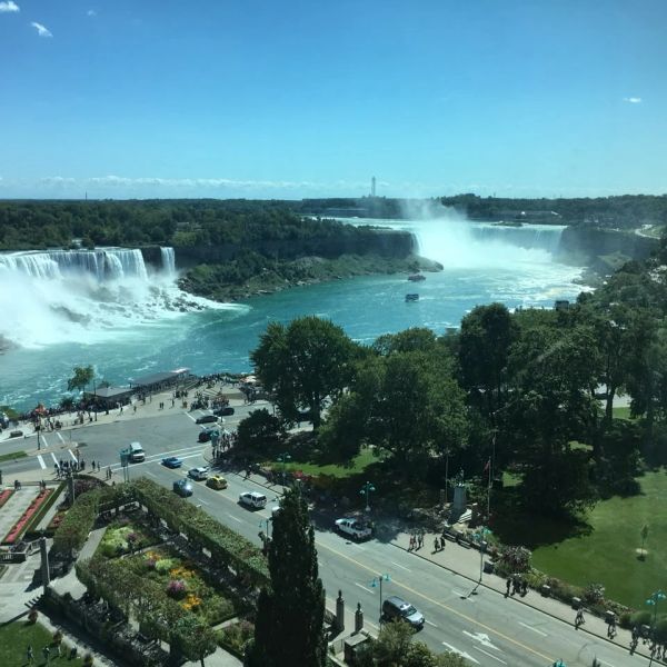 Aerial view of Niagara Falls on a clear day.
