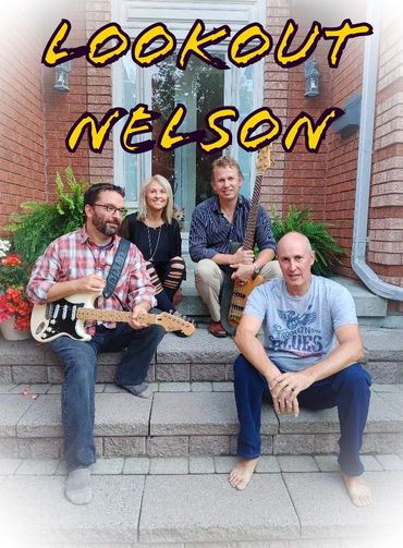 Four musicians posing on steps with guitars, text 'Lookout Nelson' above them.