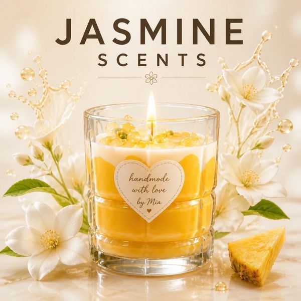 Handmade jasmine scented candle with flowers and pineapple.