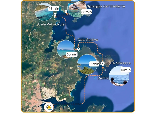 Itinerario con vista delfini, Cala Moresca, Cala Sabina e Capriccioli