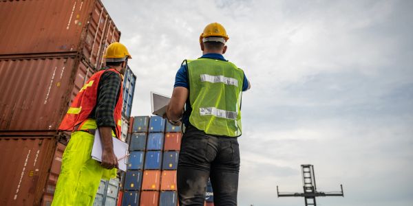 Two workers inspecting stacked shipping containers outdoors.