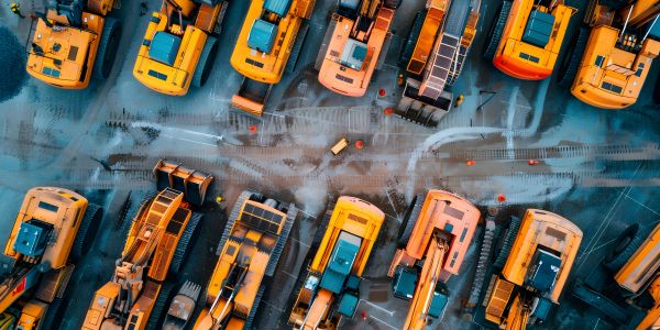 Overhead view of parked construction vehicles.