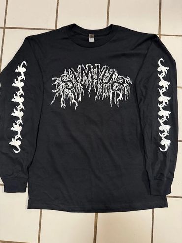 Black long-sleeve shirt with white graphic text and lizard designs on sleeves.