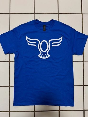 Blue t-shirt with a white stylized bird logo on the front.