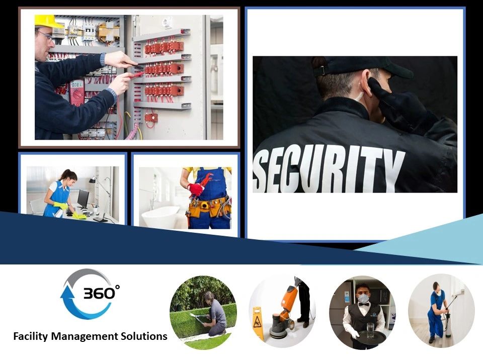 Various facility management services including security, electrical work, cleaning, plumbing, landscaping, and maintenance.