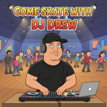 DJ Drew hosts a lively skating party with upbeat music and colorful lights.