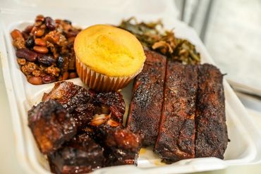 Burnt ends, ribs with cowboy beans and collard greens