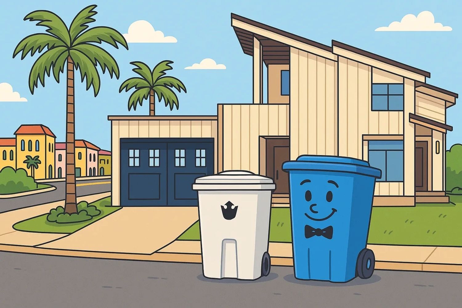 Residential trash bin valet service in Orange County with Bin Butlers rolling bins curbside.