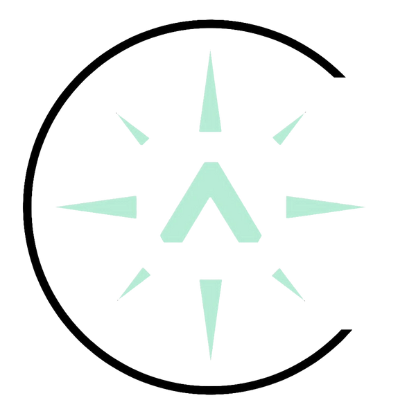 Minimalist compass icon with light green arrows and a black circular outline.