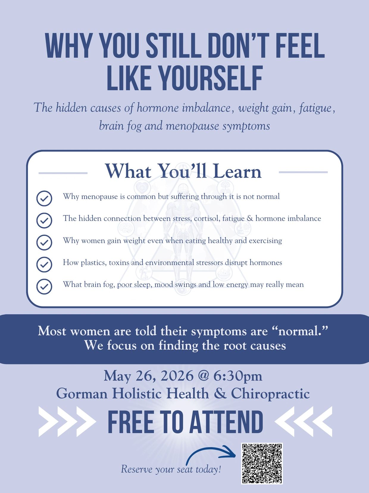 Flyer for a free health seminar on hormone imbalance and menopause symptoms.