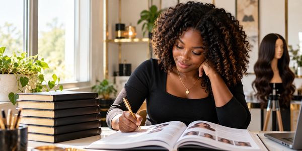 Woman writing in a magazine at a desk.