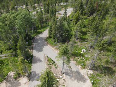 Aerial shot of road splitting into a fork surrounded by trees