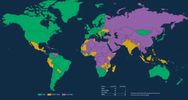 World map showing COVID-19 vaccine production and distribution status by country.
