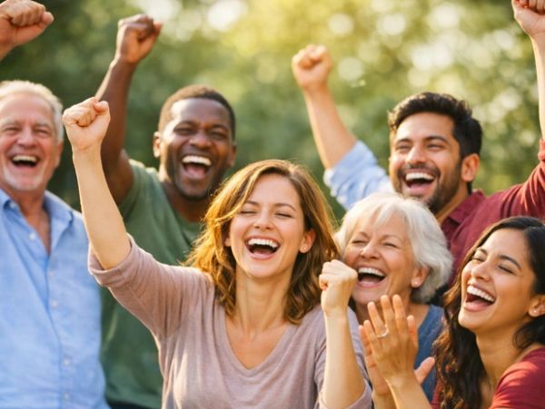 A diverse group of people cheer joyfully with raised fists outdoors.