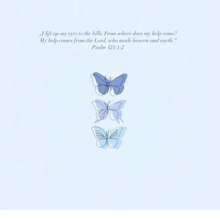 Inspirational Bible verse with three blue butterflies on a light background.