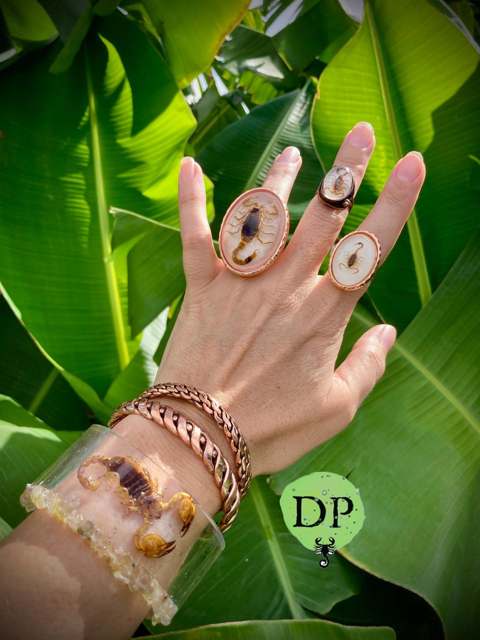 woman hand copper jewelry various scorpions on oval rings ,resin bracelet crystals green banana leaf