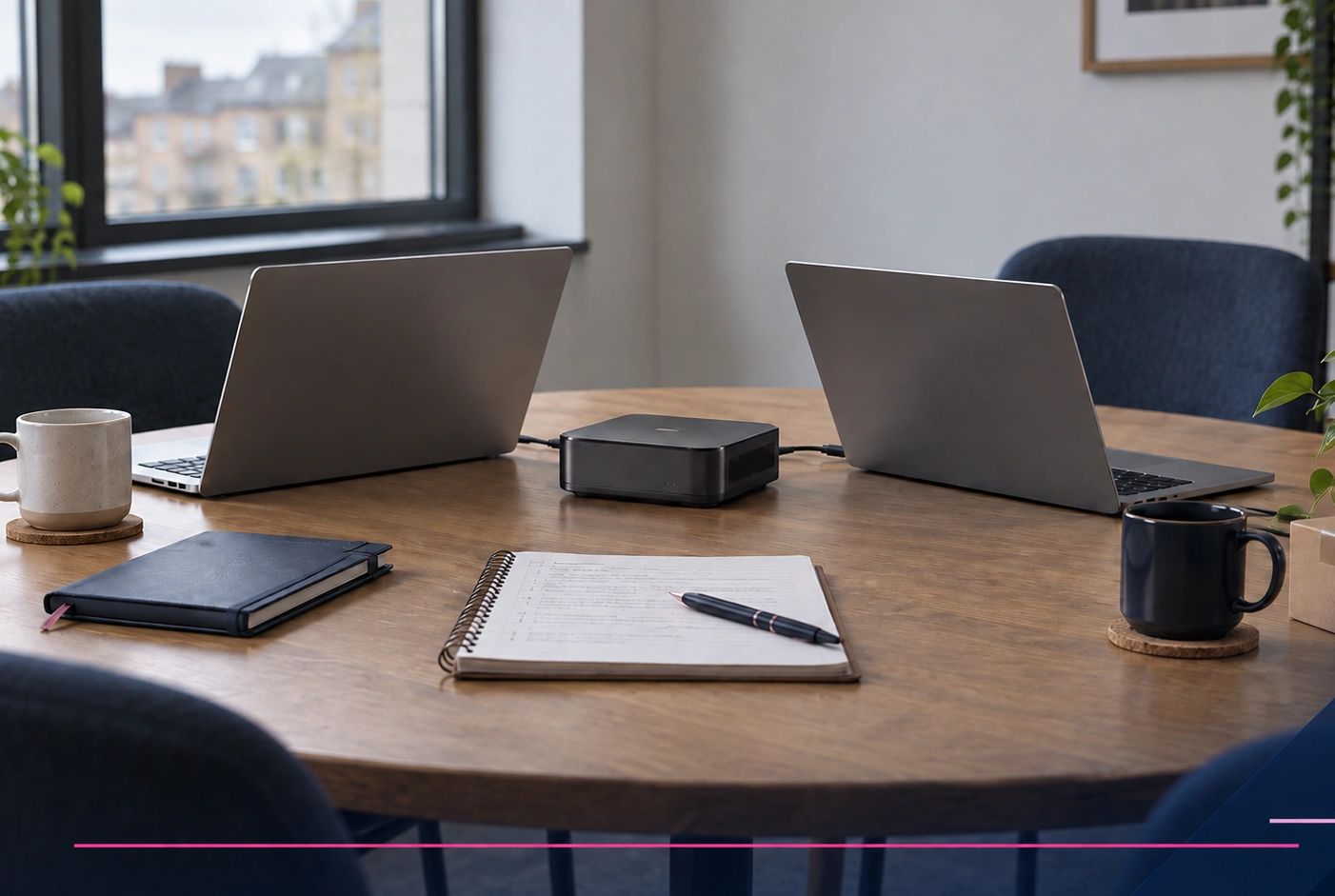 Laptops, notebooks and mugs on a table in a bright office meeting area.