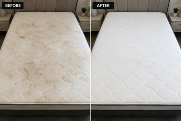 Before and after photo of a mattress showing stains removed.