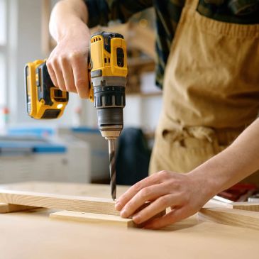 Person using a yellow drill on wood in a workshop.