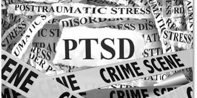 Crime scene tape surrounds words related to PTSD and stress.