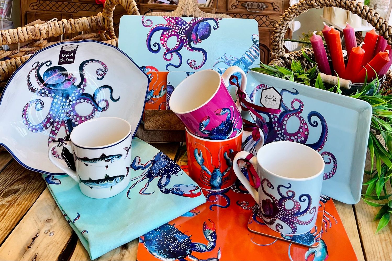 Collection of Vibrant Coloured, Coastal Themed Dining Products