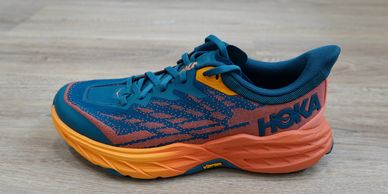 HOKA Women's Speedgoat 5 Shoes in Blue Coral/Camellia, Size 8.5