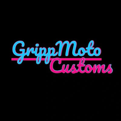 Logo with 'Gripp Moto Customs' in blue and pink on black background.