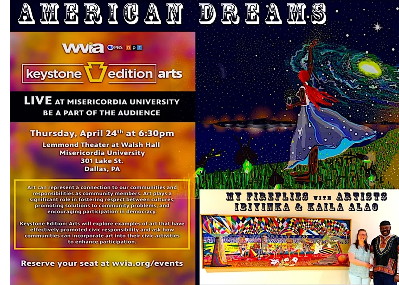 Ibiyinka and Kaila Alao with "Grace" on exhibit at Misericordia's Pauly Friedman Art Gallery.