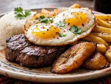 Plato con carne, huevos y papas fritas.