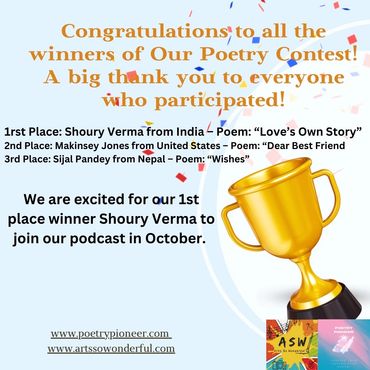 Winners of the Poetry Contest announced with a golden trophy and thank you note.