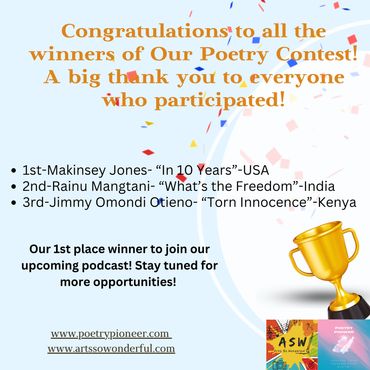 Announcement congratulating poetry contest winners with a trophy and website links.