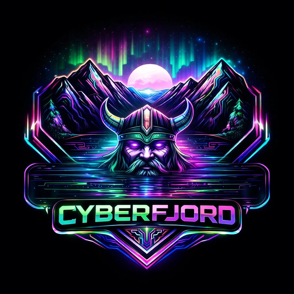 Neon cyberpunk Viking with glowing eyes and mountains under the aurora borealis.
