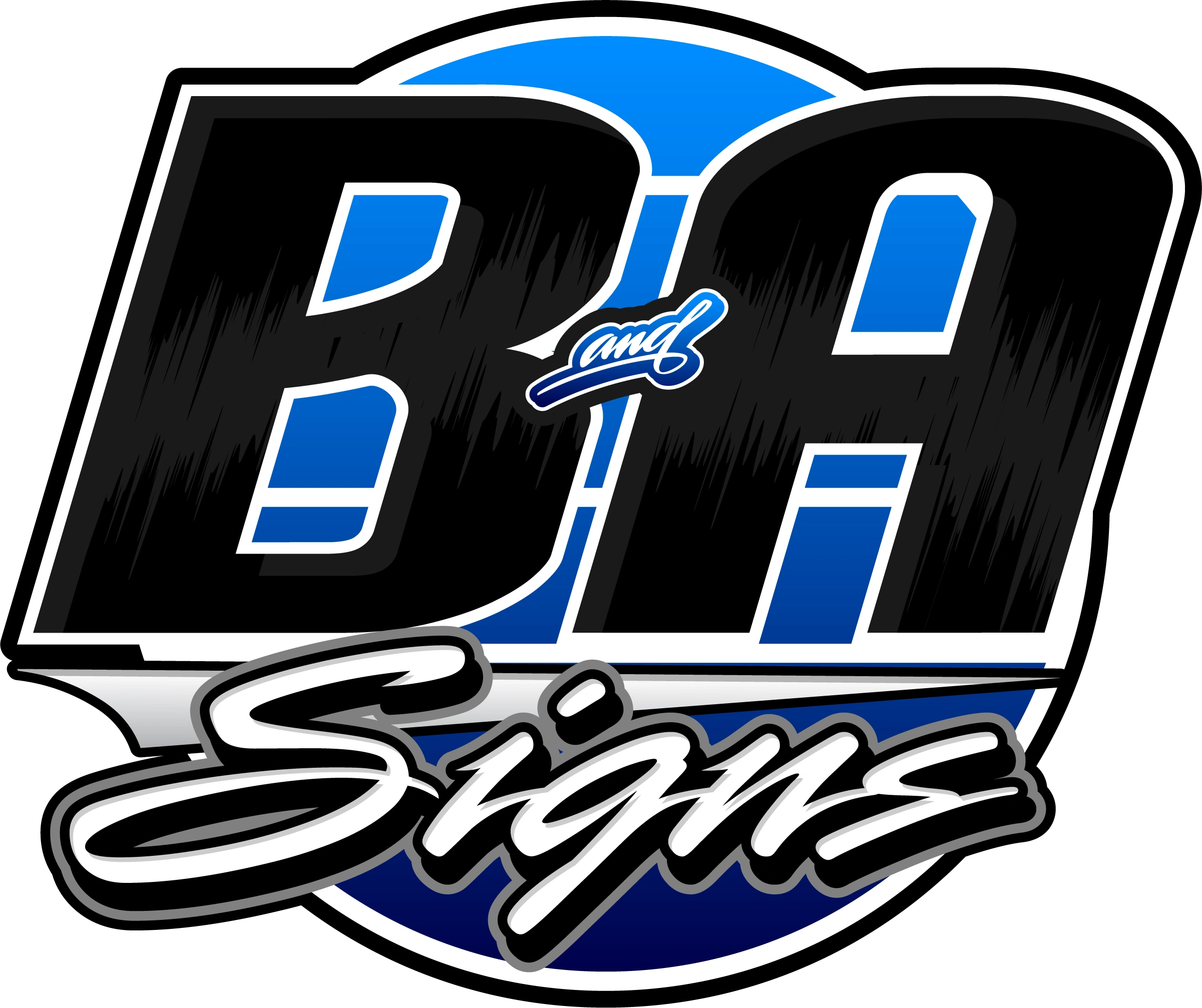 Bold logo of 'BA and Signs' with black, white, and blue colors.