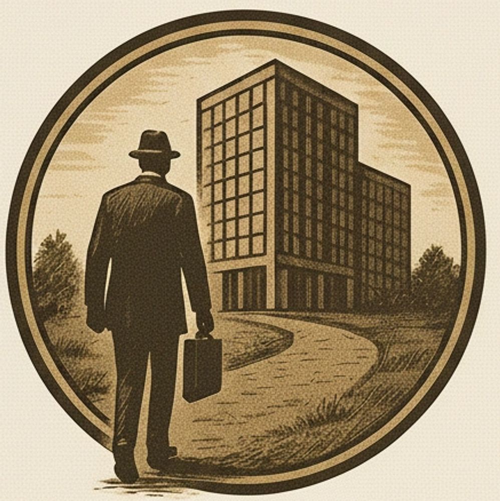 Vintage-style illustration of a man with a briefcase approaching a building.