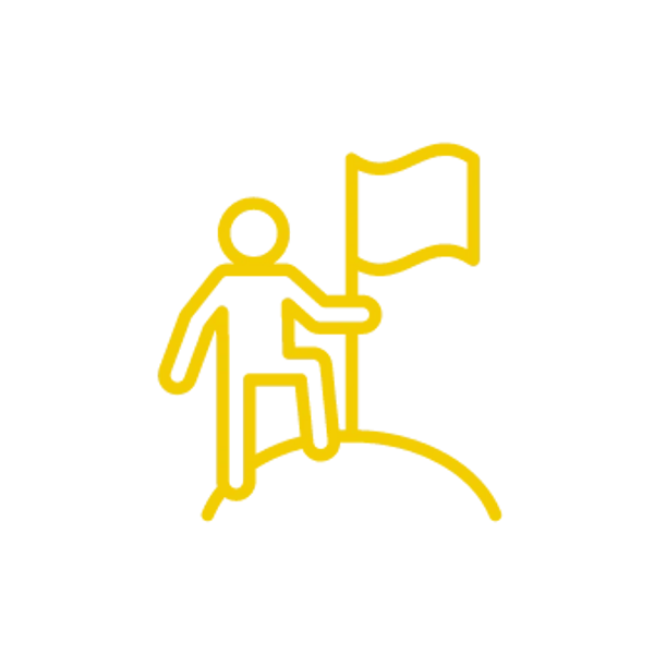 a yellow mission icon of a person holding a flag on top of a mountain
