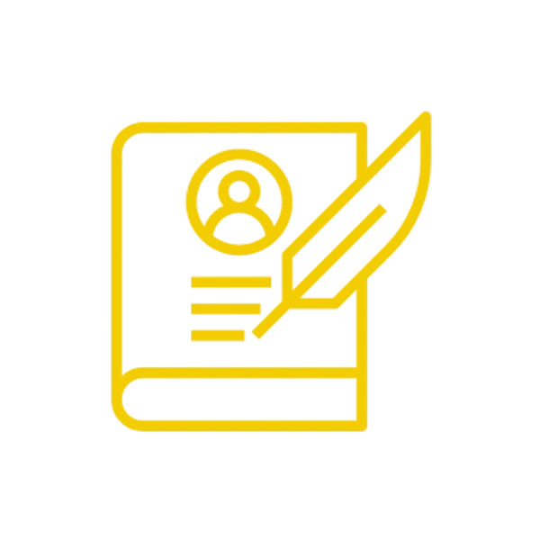 a yellow story icon with pen and book on a white background