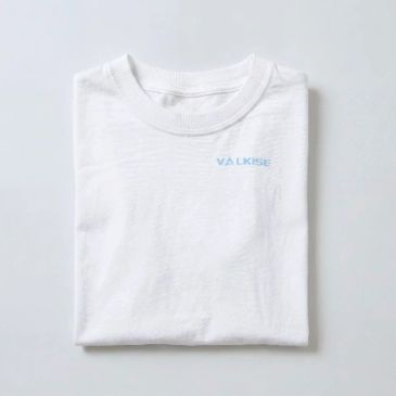Folded white t-shirt with small blue 'VALKISE' text on the chest.