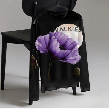 Black long-sleeve shirt with large purple flower and 'WALKIES' text.
