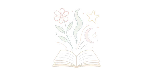 Pastel line art of an open book with flowing shapes, symbolizing storytelling.