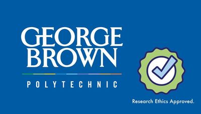 A blue background with the George Brown Logo on the left and on the right with a checkmark written t