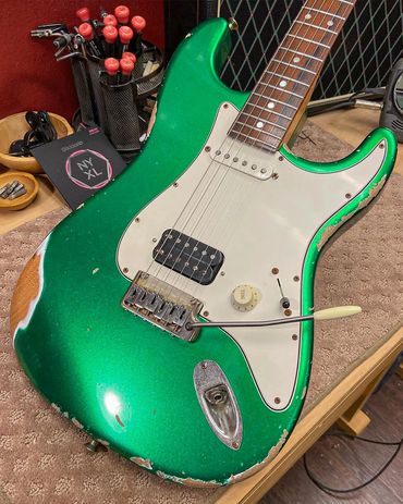 Relic'd Kryptonite Green Strat Body with Heavy Aging & Distressing. Front Shot.