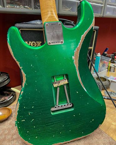 Relic'd Kryptonite Green Strat Body with Heavy Aging & Distressing. Rear Shot.